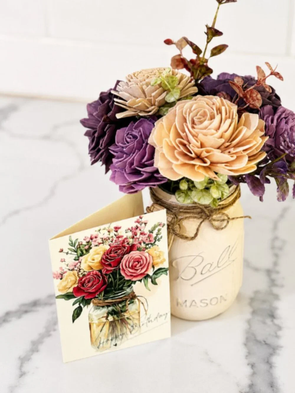 Pink Purple Sola Wood Floral Arrangement in Mason Jar Home Decor Graduation Gift